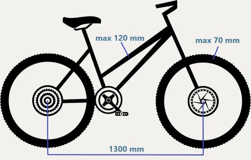 Présentation empattement, accrochage cadre et pneus du porte-vélo électrique attelage Mottez Zeus V2 pour 2 vélos électriques