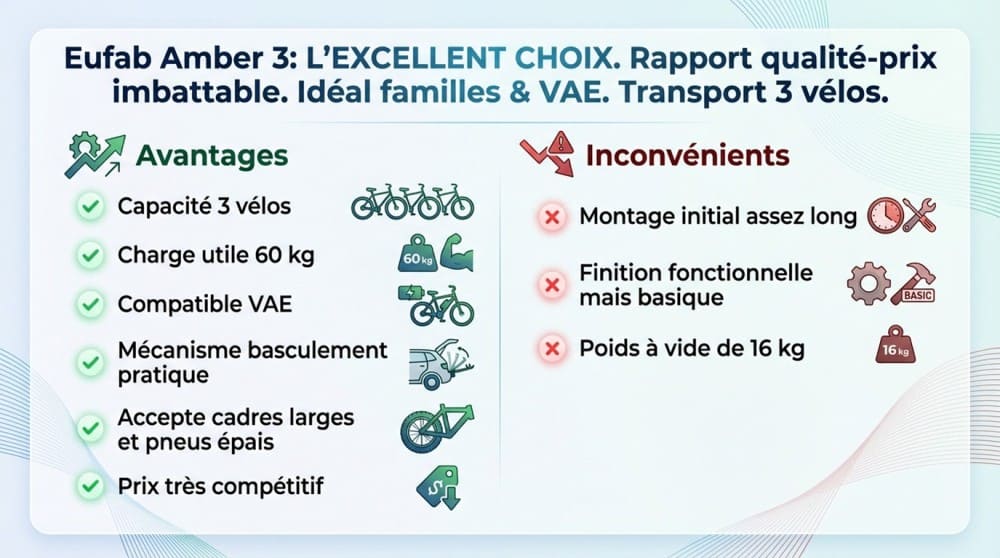 Infographie complète des fonctionnalités du porte-vélo-attelage Eufab Amber 3 vélos