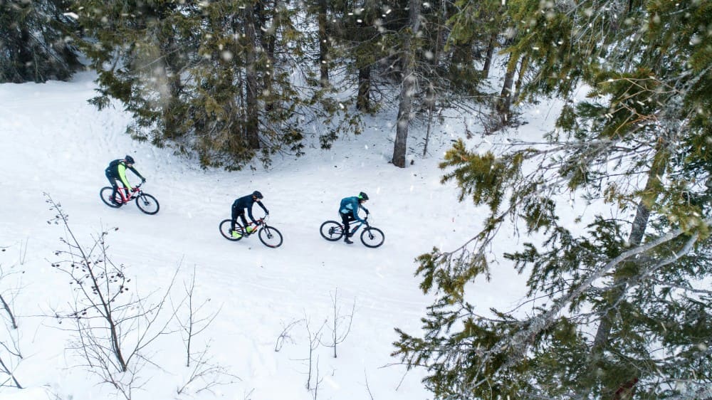 Trois cyclistes dans la neige ayant utilisé un meilleur porte-vélo attelage 3 vélos pour transporter leurs VTT